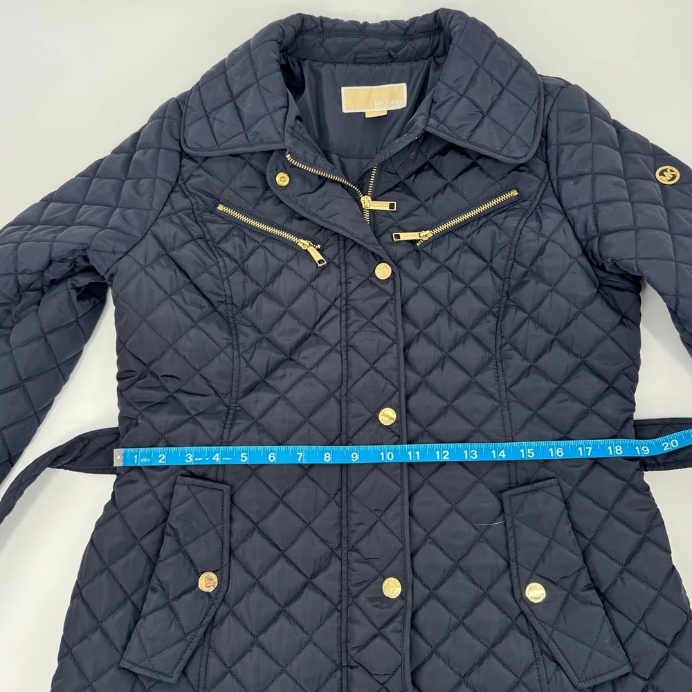 Michael Kors Quilted Belted Jacket L Navy with Gold Hardware
